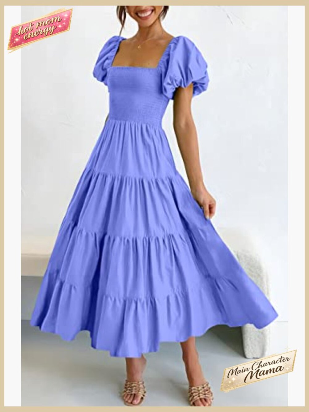 Tiered Square Neck Puffy Sleeve Midi Dress Smocked A-Line Spring Casual - Picture 3 of 7